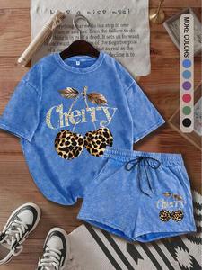 Two-piece Set Women's Leopard Print Cherry Tee & Shorts, Casual Crewneck Short Sleeve T-shirt & Shorts, Ladies Two-piece for All Seasons, Womenswear, Matching Clothing Set, Summer Outfits Set, Beach Outfits Set