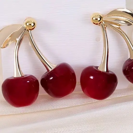 CHERRY EAR HOOK EARRINGS 15mm -  Sweet and Fruity life-like cherry resin stainless steel earrings 3
