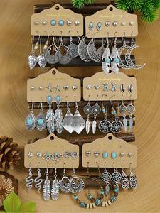 Summer 2024 Boho Hollow Out Feather Turquoise Textured Shell Design Dangle Earrings, Heart Rhinestones Faux Pearl Stud Earrings, Vintage Summer Unique Piercing Jewelry