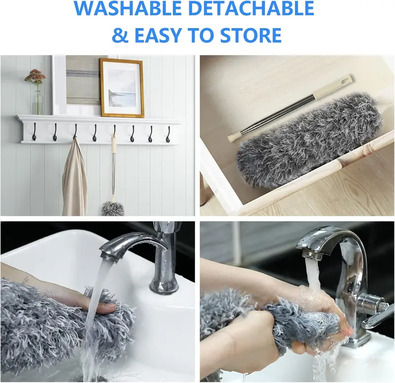 Extendable Feather Duster,Microfiber Duster with 100'' Telescopic Stainless Steel Extension Pole and Soft Silicone Cap,Easy to Absorb Dust Anti Static,Perfect for Cleaning Cobweb,Ceiling Fan,Car etc 2