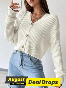 Women's Plain Button Front Drop Shoulder Knit Cardigans, Casual Minimalist Knitting Solid Longsleeves V Neck Knitwear for Fall & Winter, Women's Clothing for Daily Wear, Soft Fabric Workwear for Women, Lady Go Out Tops, Womenswear
