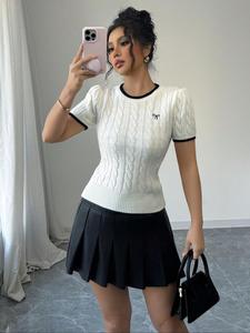 Women's Colorblock Print Sweater, Casual Short Sleeve Round Neck Jumper for Summer, Fashion Women's Knitwear for Daily Wear, Classy Tops, Casual Fashionable Top