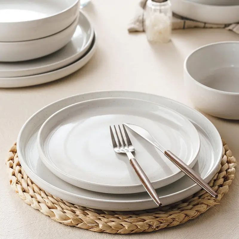 Richmount Milkyway Plates and Bowls Set, 12 Piece Dinner Set, Speckled Stoneware Dinner Set for 4, Chip and Scratch Resistant Dinnerware Sets, Dishwasher & Microwave Safe, White Cutlery Tableware 2