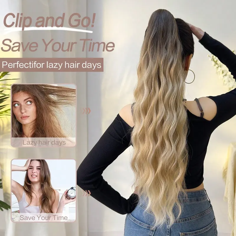 Claw Ponytail Extension Hair Ombre Long Water Wave 26 Inch Heat Resistant Fiber Synthetic Hairpiece For Women Girls Party Daily Use 8