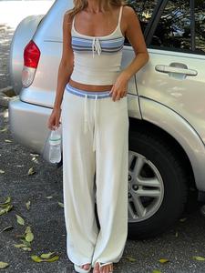 Women's Striped Print Crop Camis Top & Drawstring Waist Sweater Pants Set, Casual Minimalist Women's Knitwear for Daily Wear, Womenswear, Clothes