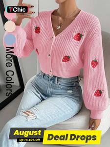 Women's Strawberry Embroidery Button Front Long Sleeve Crop Cardigan, Casual V Neck Lantern Sleeve Knitwear for Spring & Fall, Cardigan for Women, Fashion Women's Knit Clothing for Daily Wear, Womenswear, Lady, Casual Classy Top