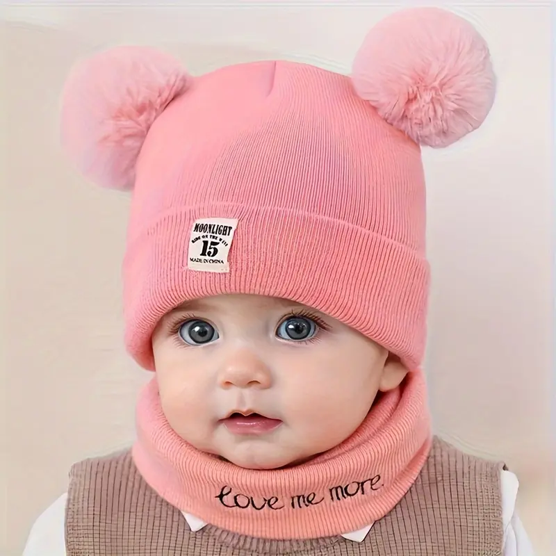 RISELDAJOR  2pcs/Set Soft & Elastic Knitted Beanies for baby, Pom-Pom & Snood with Alphabet Design, Ideal for Casual Attire in Fall/Winter and Birthday Parties 5
