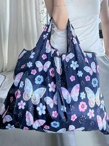 Colorblock Butterfly Print Foldable Shopping Bag, Casual Large Capacity Folding Travel Bag, Fashionable Reusable Bag for Women & Men