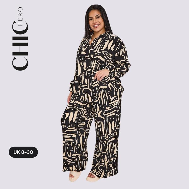 ChicHero Crinkle Abstract Print Dropped Shoulder Oversized Comfort Co-ord Shirt & Trousers 0