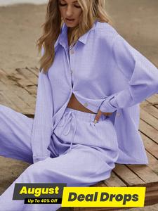 Two-piece Set Women's Basic Solid Color Button Front Long Sleeve Shirt & Wide Leg Pants, Cute Casual Comfy Set for Daily Wear, Ladies Clothes for All Seasons, Longsleeves Womenswear, Summer Outfits Set, Matching Clothing Set, Coord Sets, Summer Sleep Set
