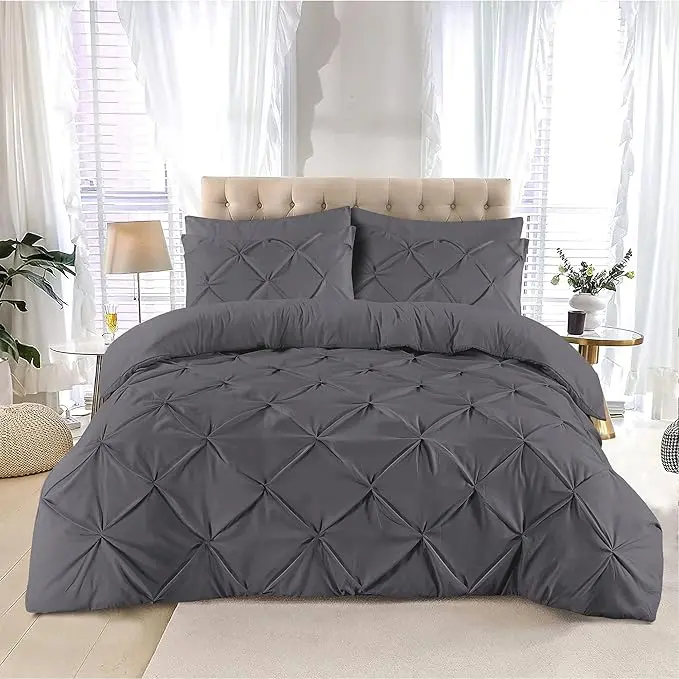 Pintuck Pinch Pleated Duvet Cover Set with Matching Pillow Cases - Soft Microfiber, 200 Thread Count, Luxury Hotel Quality Quilt Bedding Cover, UK Sizes 7