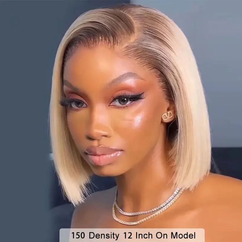 Short Bob Wig Ombre Blonde Lace Front Synthetic Wigs For Women Straight 150 Density 13x3 Colored Dark Roots Glueless Wig 4
