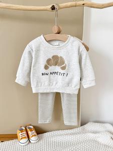 Baby's Cartoon Patch Sweatshirt & Striped Print Pants Set, Casual Cozy Soft Comfy Long Sleeve Pullover & Elastic Waist Trousers for Spring & Fall, Infant Toddler Kids Clothes for Daily Wear, Baby Girl Clothes, Baby Clothing, Outfit