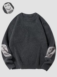 Unisex Men's Letter & Smile Face Print Round Neck Sweater, Regular Fit Casual Soft Comfy Long Sleeve Crew Neck Jumper for Fall & Winter, Men's Knitwear for Daily Wear