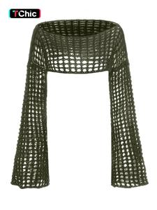 Women's Plain / Striped Pattern Hollow Out Crop Sweater, Casual Long Sleeve Jumper for All Seasons, Fashion Women's Knitwear for Daily Wear