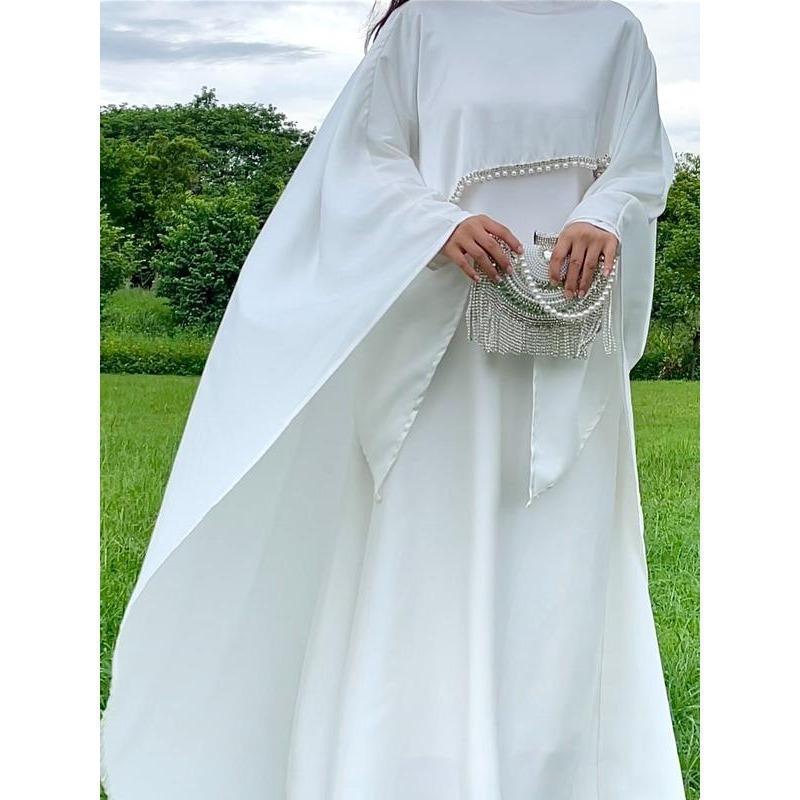 2025 Ramadan Promotion Two- piece Satin cape elegant dress , occasion abaya , Modest dress with pearl and crystal 6