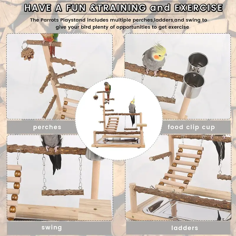WishesMar Bird Playground Parrot Play Stand with Feeder Cup Swing Climb Ladder and Tray Budgie Playground Cage Exercise Gym Toys for Parakeets Cockatiel, Wooden, Size About 17.7x14.6x10.2 In #A 2