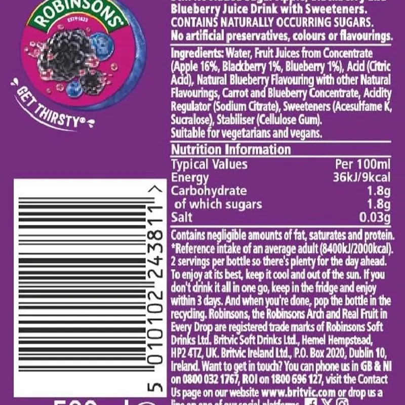 Robinsons Ready to Drink 12X500ML,Raspberry & Apple, Blackberry & Blueberry, Peach & Mango Bulk Buy Natural Fruity Beverage Tangy 7