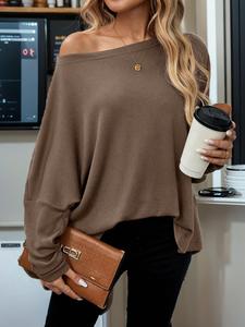 Women's Plain Textured Batwing Sleeve Tee, Casual Drop Shoulder Long Sleeve T-shirt for Spring & Fall, Women's Top for Daily Wear