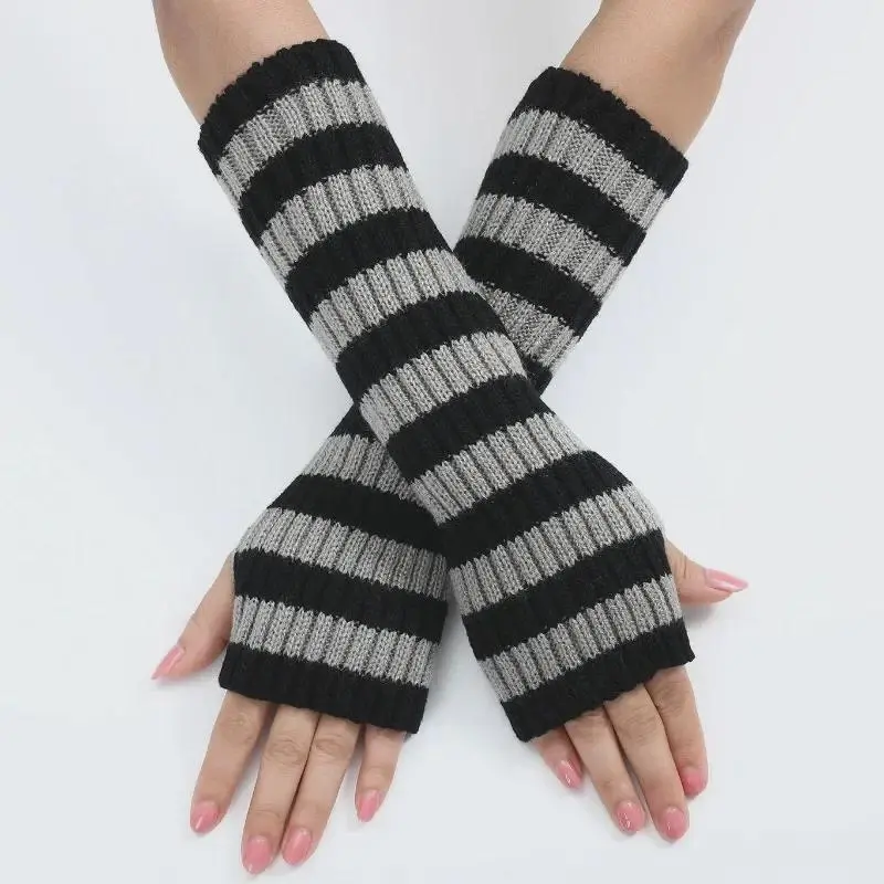 Women's Striped Knit Arm Warmers – 30cm Long Fingerless Gloves – Ideal for Gothic & Everyday Casual Wear 2