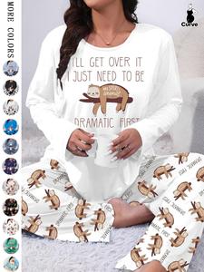 【Plus Size】 Two-Piece Set Cartoon Animals Print Tee & Elastic Waist Pants Pyjama Set, Casual Comfy Round Neck Long Sleeve T-shirt & Trousers PJ Set, Women's Sleepwear for Spring & Fall