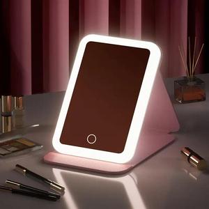 Foldable Makeup Mirror for Vanities, Portable LED Mirror with 3 Color Light Adjustment, Self Standing Makeup Mirror, Modern Desktop Product for Home Office