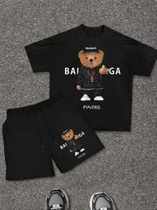 Men's Cartoon Bear Letter Print Short Sleeve Tee & Drawstring Waist Shorts Two-piece Set, Regular Fit Casual Round Neck T-shirt & Pocket Shorts, Men's Summer Clothes