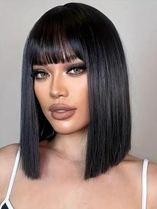 Bob Wigs Full Machine Made Bone Straight Human Hair Wigs With Bangs Short Bob Human Hair