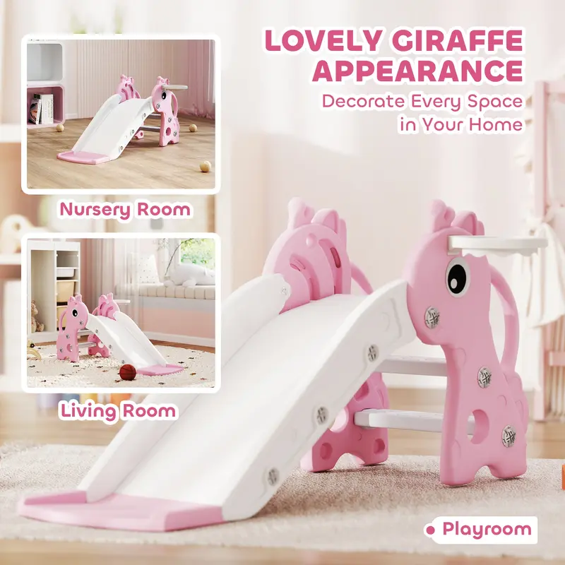 AIYAPLAY 3 in 1 Kids Slide with Climber, Basketball Hoop and Ball, Giraffe Shape Climber Slide for Indoor Kids Age 1-3, Pink 4
