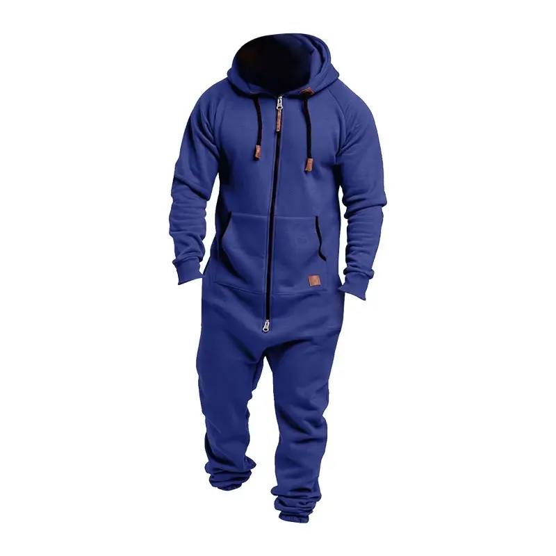 New foreign trade men's hooded fleece jumpsuit solid color casual men's suit jumpsuit 1