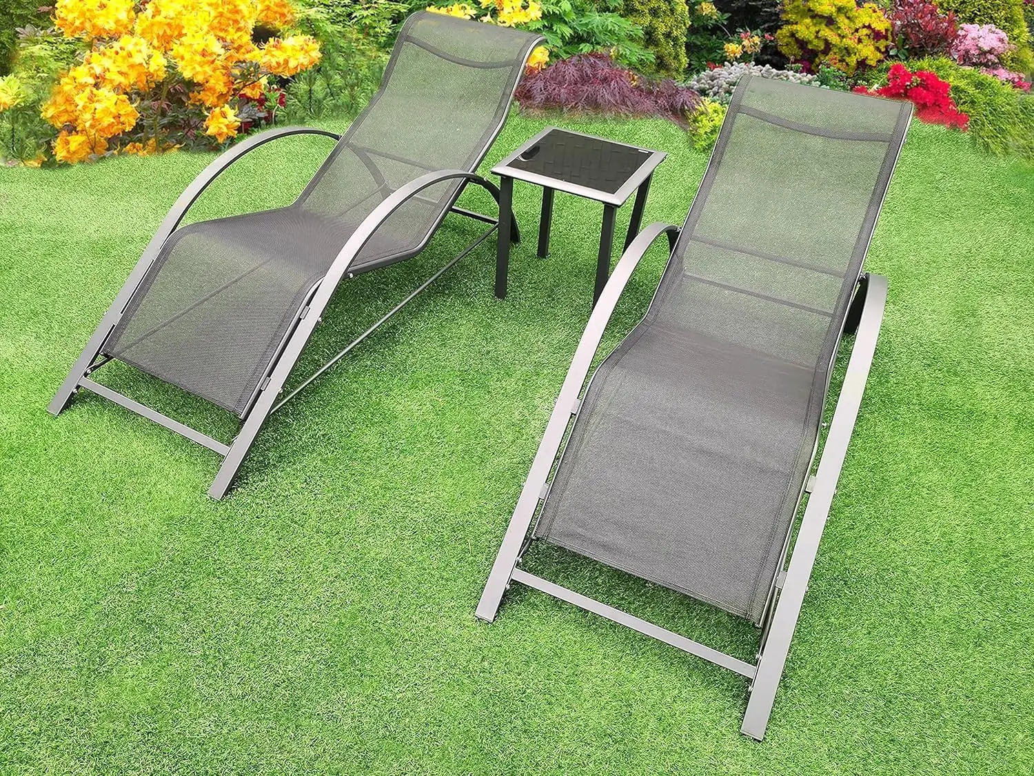 Reclining Garden Sun Lounger Recliner chair Strong Steel Gravity folding Chair Tanning Bed Garden furniture Sunlounger Patio Outdoor Waterproof (Sun Lounger Set)