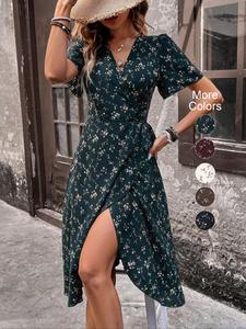 Women's Ditsy Floral Print Tie Side Wrap V Neck A Line Dress, Boho Fashion Butterfly Sleeve Midi Dress for Daily Holiday Vacation Wear, Ladies Dress for Summer