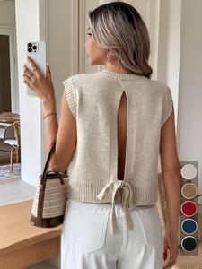 Women's Plain Tie Back Crop Sweater Vest, Casual Minimalist Solid Color Sleeveless Knit Top for Summer, Fashion Women's Knitwear for Daily Wear, Womenswear, Lady Clothes, Adjustable Vest, Sleeveless Clothing