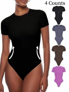 Women's Solid Color Striped Round Neck Shapewear Bodysuit, Tummy Control Butt Lifting Shaper, Ladies Shapewear for All Seasons