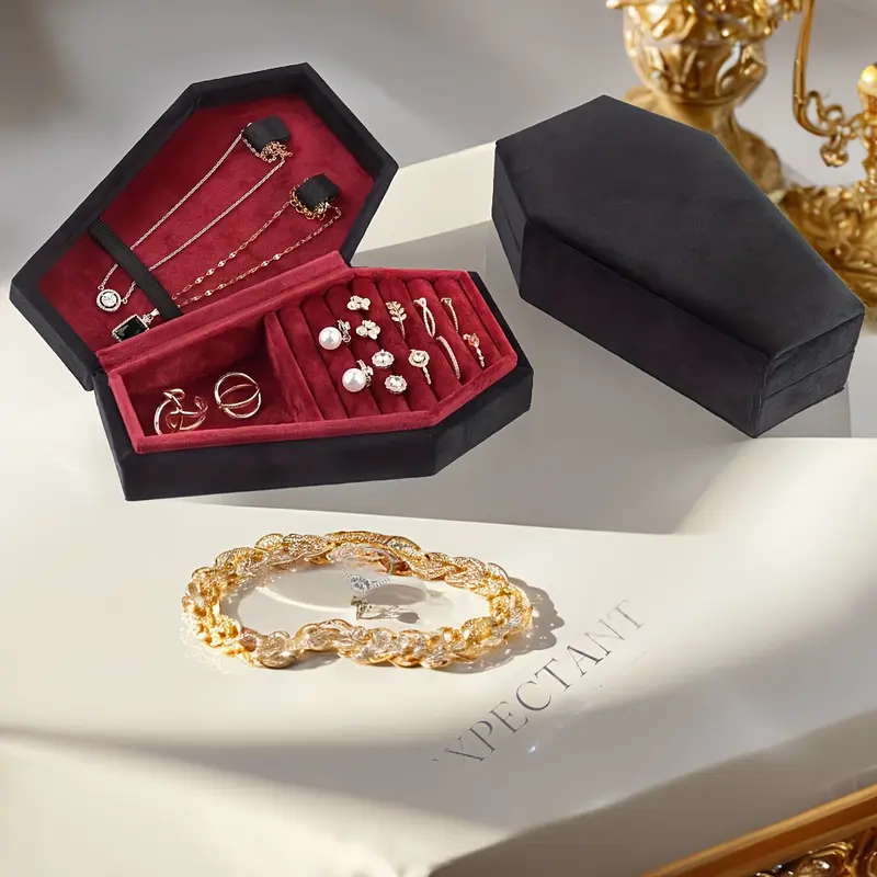 MILAN GOLD  Vintage Velvet Jewelry Box in an Elegant Octagonal Design - Made of Soft Fabric and Featuring a Snap Closure. It's a Great Organizer for Earrings, Rings, and Necklaces. A Charming Christmas Present for Women like Moms and Girlfriends, Acting a 2