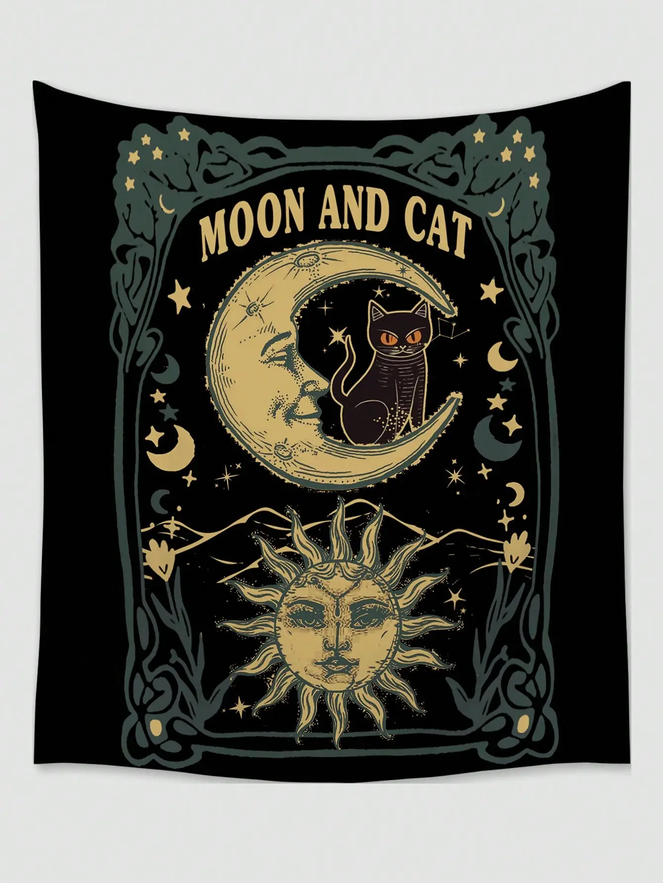 Fairycore Polyester Tapestry with Moon, Stars & Cat Print, Perfect for Living Room, Bedroom Decor, Camping, All Seasons
