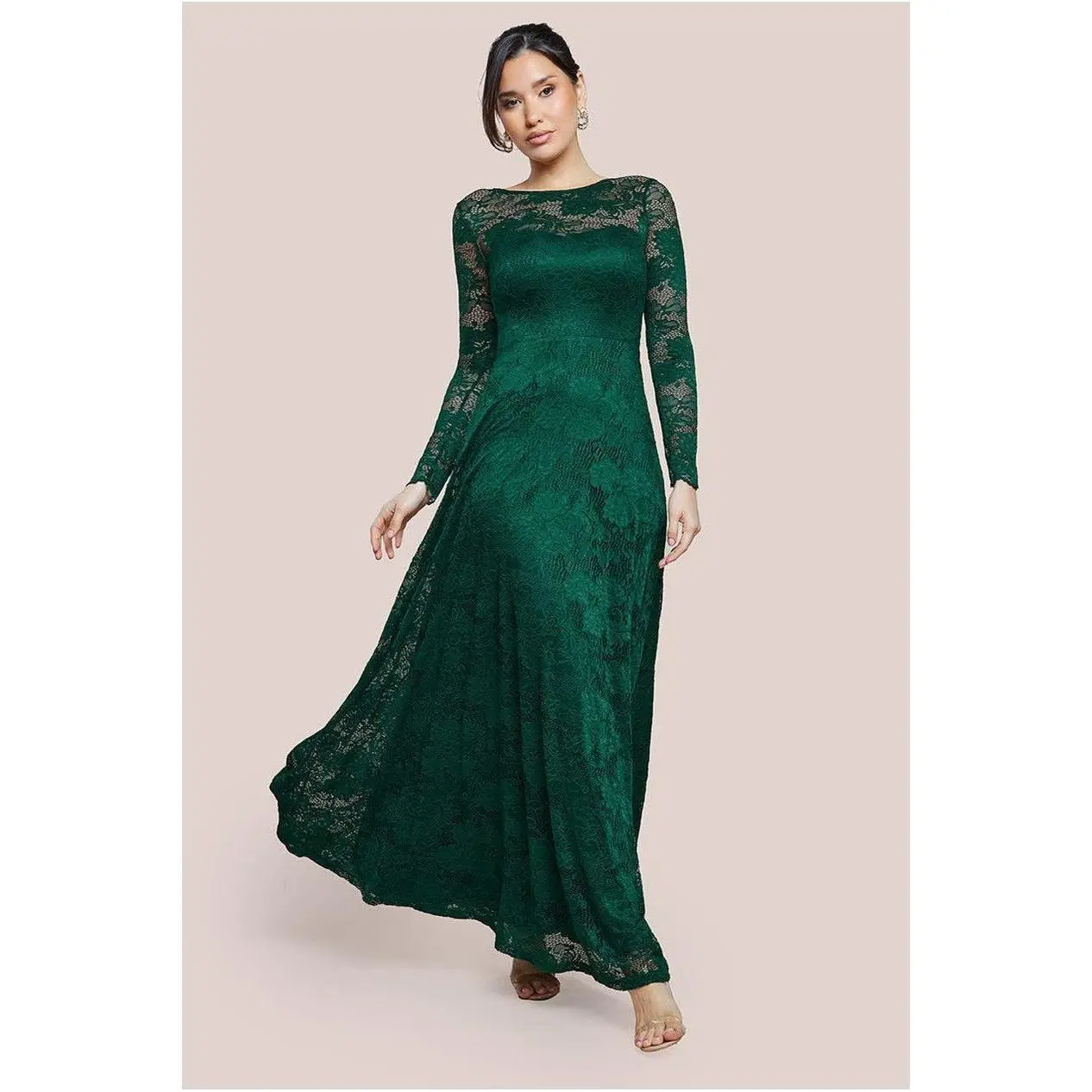 Goddiva Scalloped Lace A-Line Maxi Dress - Emerald Green