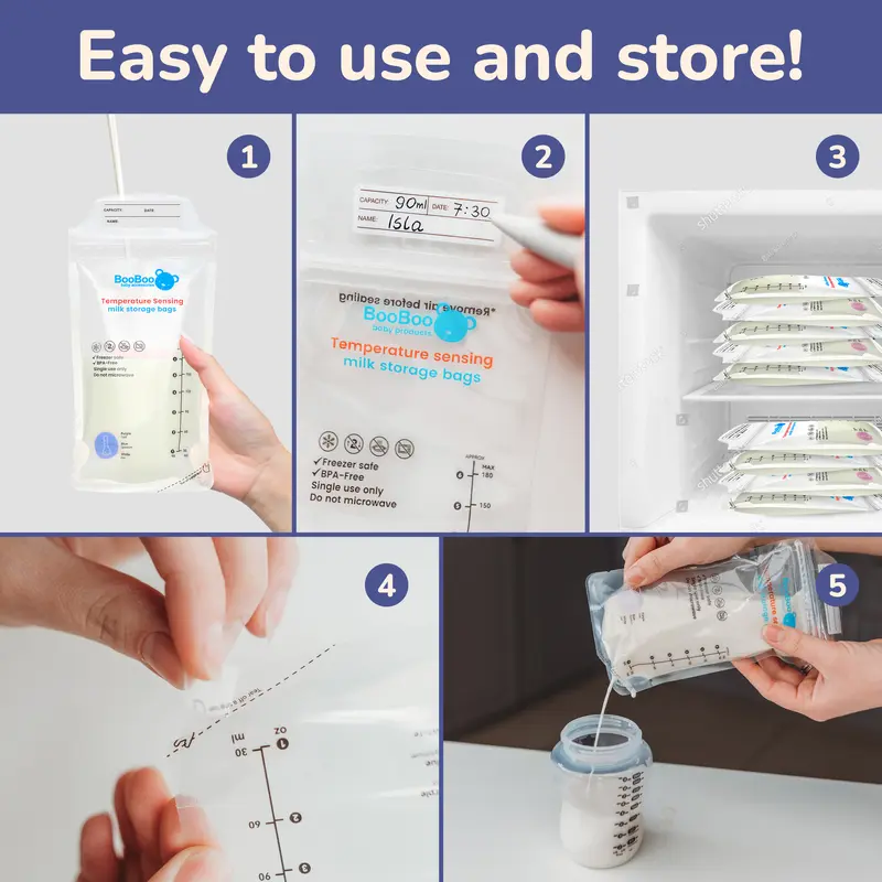 Booboo x80 Breast Milk Storage Bags, Temp-Sensing Discolouration Breastmilk Storing Bag, Self Standing, No-Leak Milk Freezer Suitable Storage Pouches for Breast Milk Storage 4
