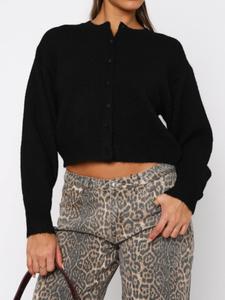 Women's Solid Button Front Cardigan, Casual Drop Shoulder Long Sleeve Cardigan for Fall & Winter, Women's Knit Fabric Clothing for Daily Wear, Black Knitwear Tops, Womenswear