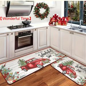 Christmas Themed Kitchen Mat, 2 Counts/set Non-slip Decorative Rug, Holiday Decoration Floor Mat, Home Decor for Kitchen Living Room Bedroom