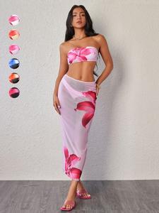 Women's Bandeau Bikini Set, Casual Sleeveless Swimwear Top & Swim Bottom & Cover Up Skirt Set, Ladies Swimsuit for Beach Holiday Vacation, Flower Print Bikini, Summer Swimsuit Set, High Waisted Swimsuit, Strapless Swimsuit