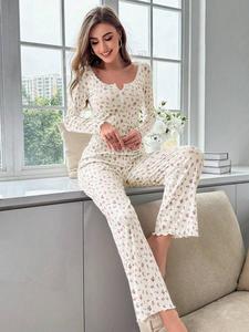 Two-piece Set Women's Ditsy Floral Print Lettuce Trim Pyjama, Casual Comfy Button Front Notched Neck Top & Elastic Waist Pants Pj Set, Women's Loungewear Sleepwear for Spring & Fall