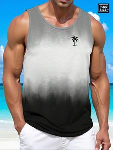 【Plus Size】 Men's Ombre & Palm Tree Print Tank Top, Regular Fit Casual Sleeveless Top for Summer, Men's Clothes for Beach Vacation, Menswear, Tank Vest, Sleeveless Tank Tops