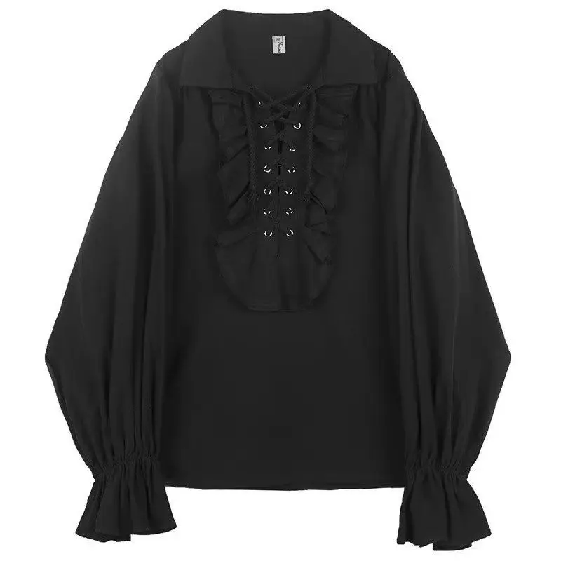 Victorian Style Women's Gothic Blouse Vintage Renaissance Pirate Prince Poet Shirt with Frills Lace-Up Medieval Buccaneer Top 7