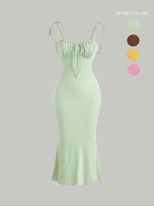 Women's Plain Ruched Lettuce Trim Tie Front Cami Dress, Casual Sleeveless Spaghetti Strap Tie Shoulder Long Bodycon Dress for Summer, Ladies Clothes for Beach Holiday