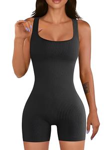 Women's Solid Ribbed Scoop Neck Sports Tummy Control Bodysuit, Sporty Comfy Breathable Sleeveless Bodycon Jumpsuit for Yoga Gym Workout, Summer Outfits 2024, Ladies Sportswear for All Seasons