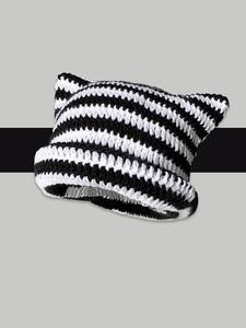 Cat Ear Design Knitted Beanies, Casual Colorful Striped Pattern Chunky Knit Beanie Hat For Women & Men, Fashion Accessories For Fall & Winter