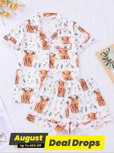Women's Cartoon Cow Print Button Front Pocket Shirt & Elastic Waist Shorts Pyjama, Casual Comfy Short Sleeve Top & Shorts Pj Set, Ladies Summer Sleepwear, Pajamas Sleepwear, Loungewear, Womenswear