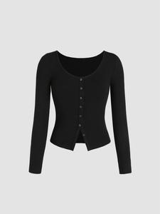 Women's Solid Button Front Ribbed Scoop Neck Tee, Casual Fashion Long Sleeve T-shirt for Spring & Fall, Women's Top for Daily Wear