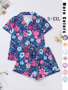 Two-piece Set Women's Floral Print Button Front Sleep Shirt & Elastic Waist Shorts Pyjama Set, Casual Contrast Binding Pocket Short Sleeve Lapel Top & Shorts Pj Set, Ladies Sleepwear for All Seasons, Loungewear, Pajama Set